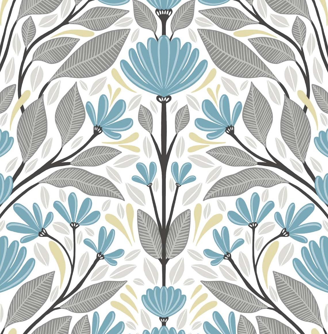 Seabrook Folk Floral Blue Patina & Wheat Wallpaper