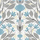 Seabrook Folk Floral Blue Patina & Wheat Wallpaper