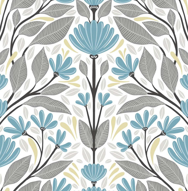Seabrook Folk Floral Blue Patina & Wheat Wallpaper