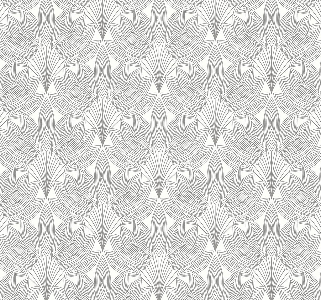 Seabrook Peacock Leaves Silver Wallpaper