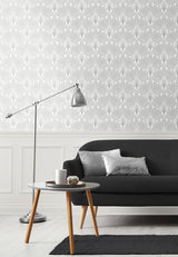 Seabrook Peacock Leaves Silver Wallpaper