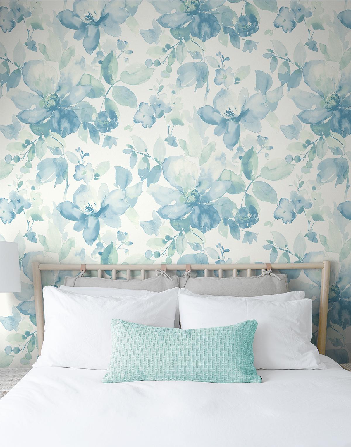 Seabrook Watercolor Flower Teal Wallpaper