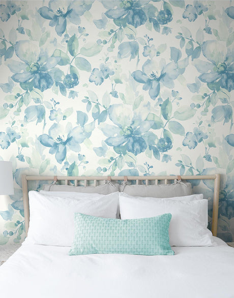 Seabrook Watercolor Flower Teal Wallpaper