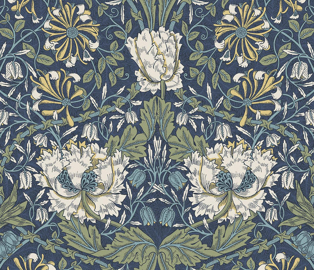 Seabrook Ogee Flora Indigo Dye & Sage Wallpaper