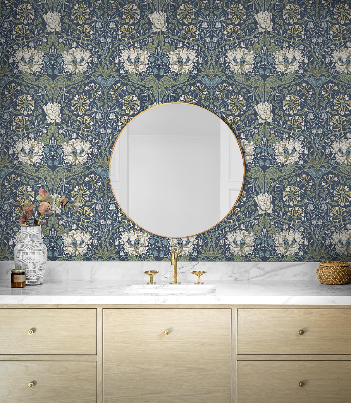 Seabrook Ogee Flora Blue Wallpaper