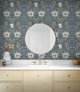 Seabrook Ogee Flora Blue Wallpaper