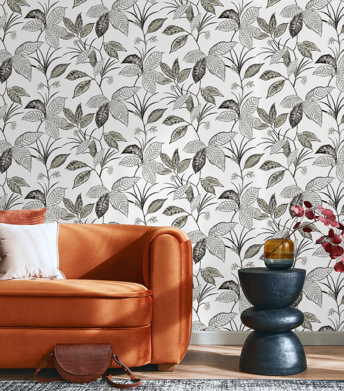 Seabrook Boho Leaf Trail Grey Wallpaper