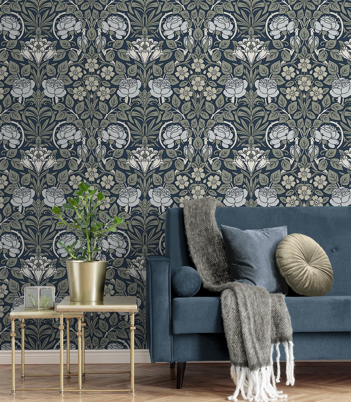 Seabrook Vintage Rose Blue Wallpaper