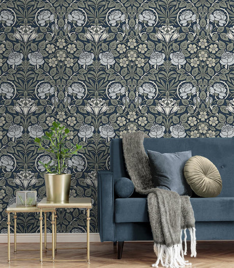 Seabrook Vintage Rose Blue Wallpaper