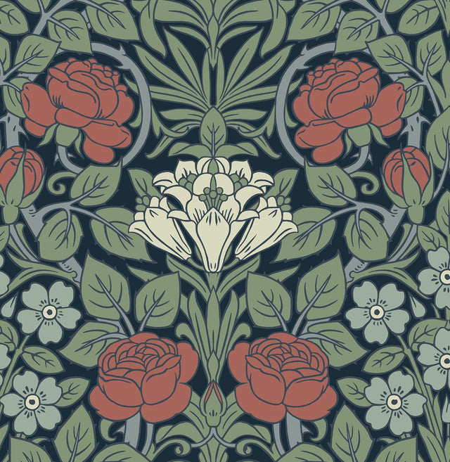 Seabrook Vintage Rose Midnight Blue & Sage Wallpaper