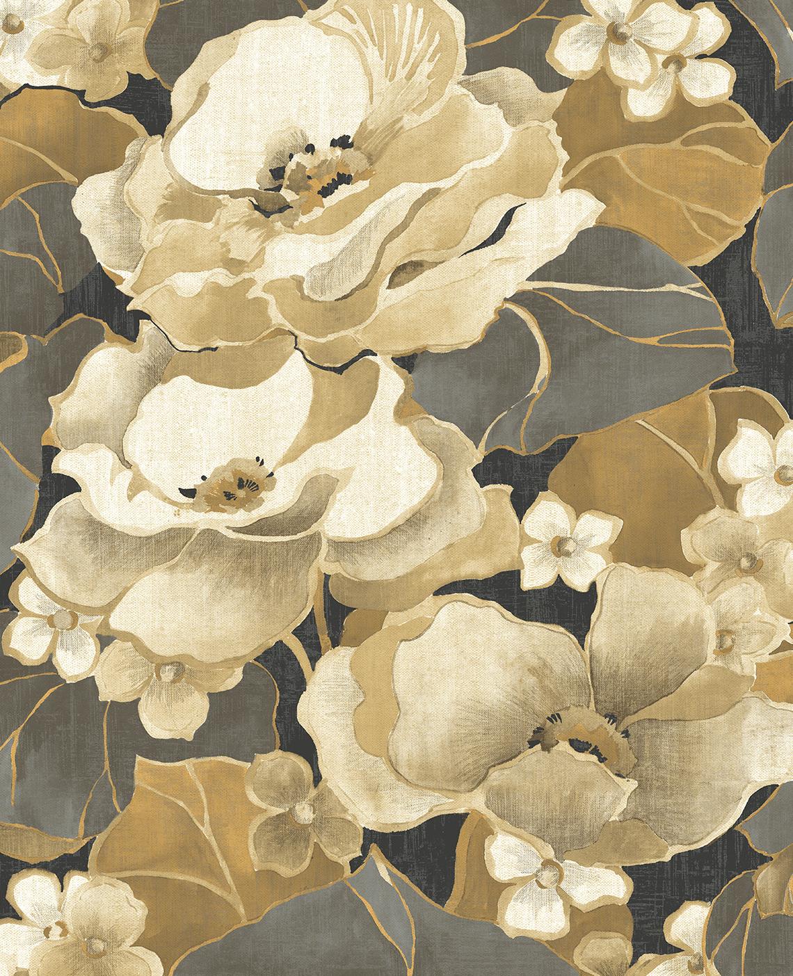 Seabrook Nouveau Floral Ebony & Antique Gold Wallpaper