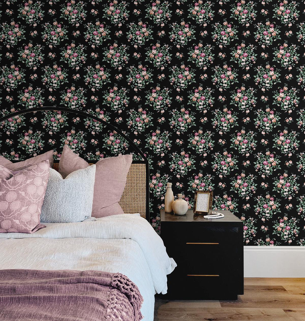 Seabrook Floral Bunches Black Wallpaper