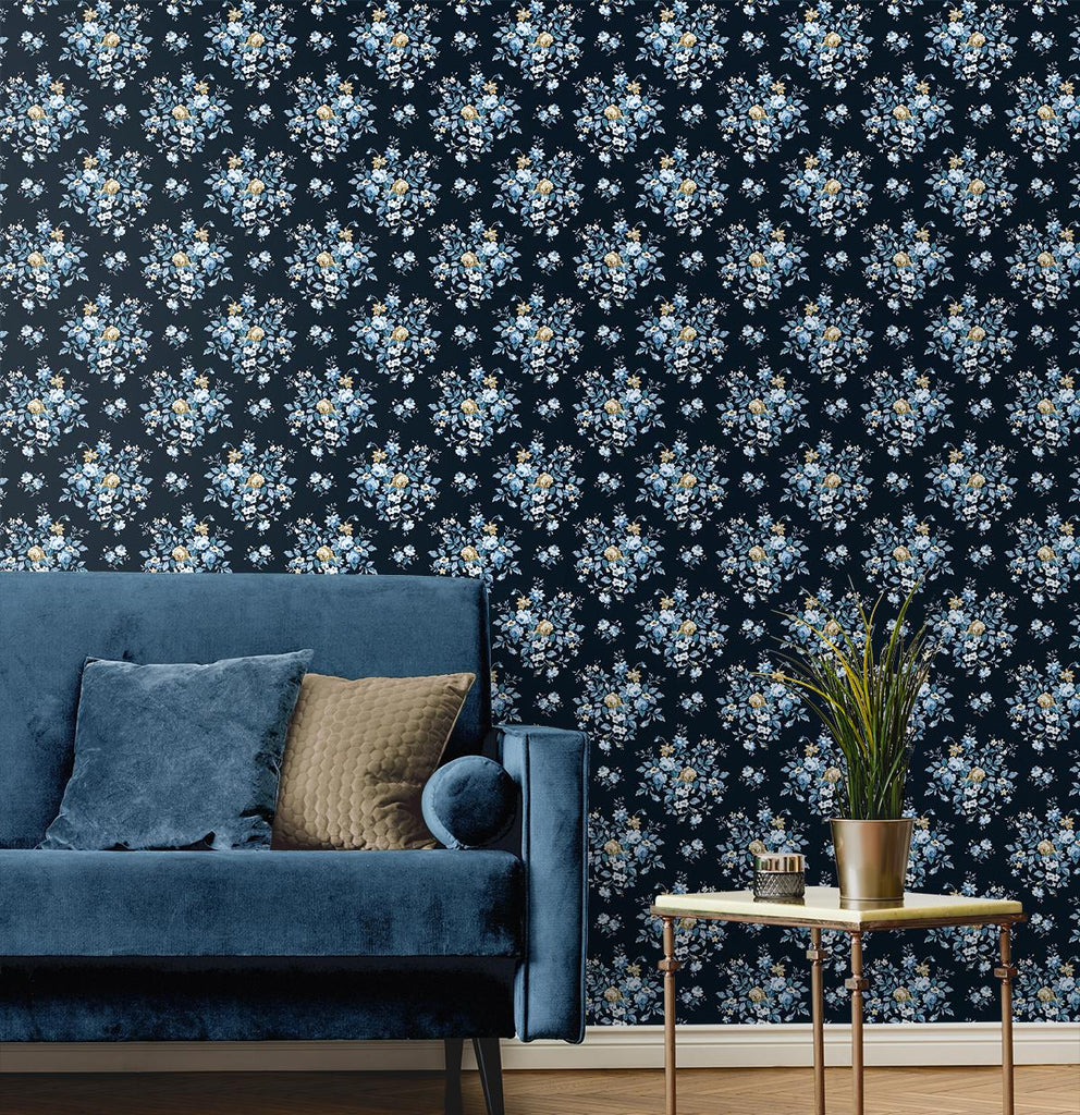 Seabrook Floral Bunches Blue Wallpaper