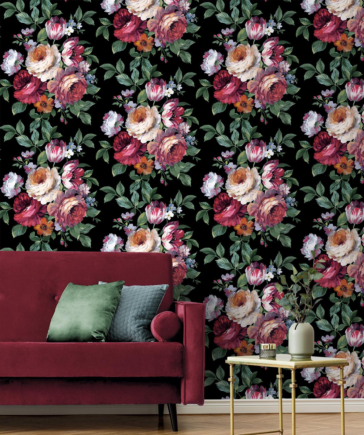 Seabrook Large Bouquet Black Wallpaper