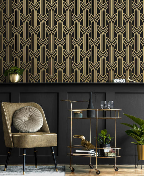Seabrook Deco Geometric Arches Black Wallpaper