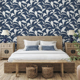 Seabrook Pinstripe Leaf Trail Blue Wallpaper