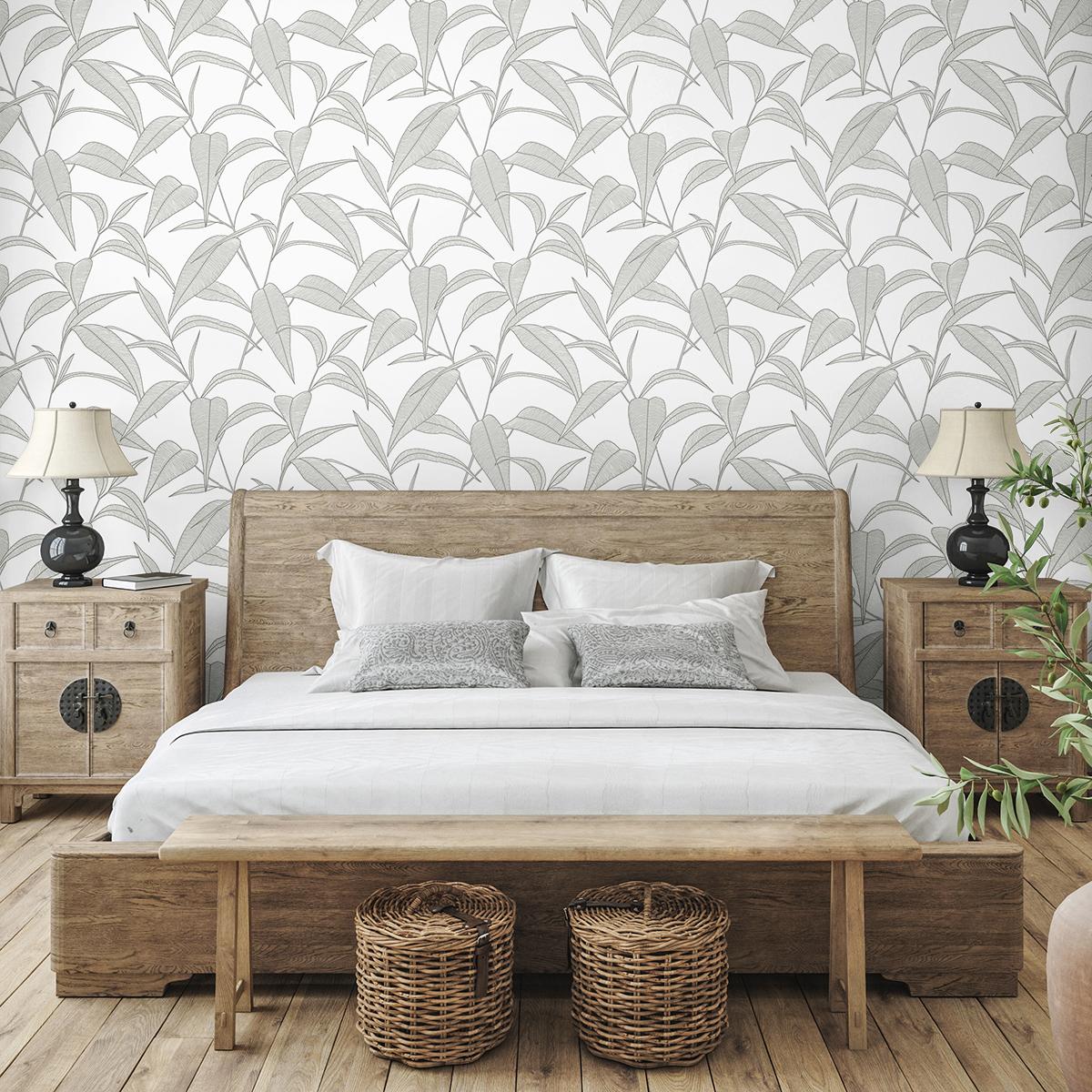 Seabrook Pinstripe Leaf Trail Grey Wallpaper