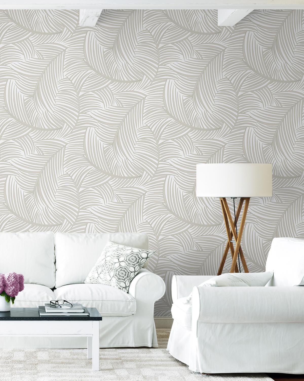 Seabrook Tossed Palm Fronds Beige Wallpaper