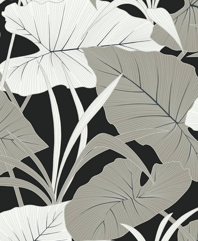 Seabrook Elephant Leaves Ebony & Metallic Silver Wallpaper