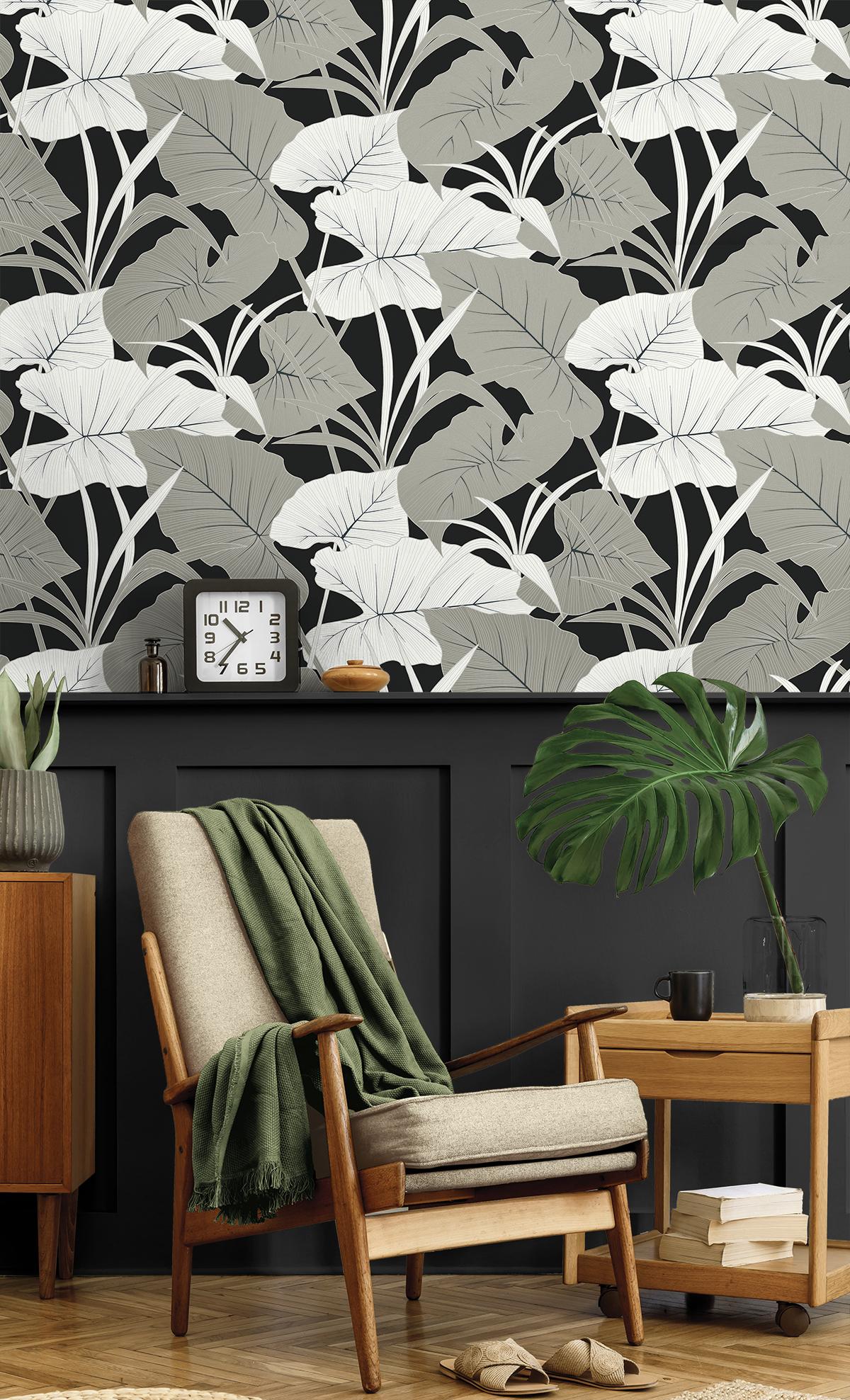 Seabrook Elephant Leaves Black Wallpaper