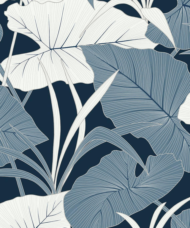 Seabrook Elephant Leaves Blue Lagoon Wallpaper