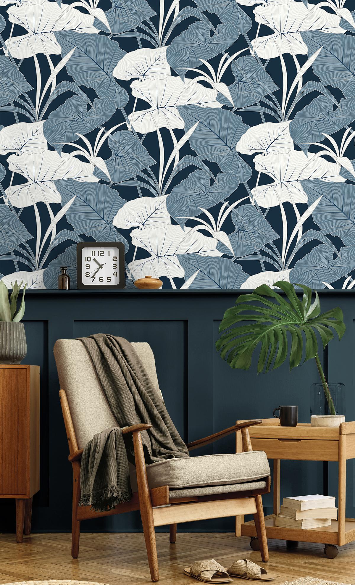 Seabrook Elephant Leaves Blue Wallpaper