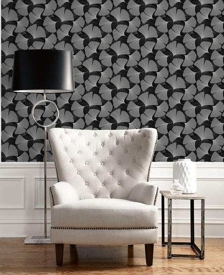 Seabrook Tossed Ginkgo Leaf Black Wallpaper