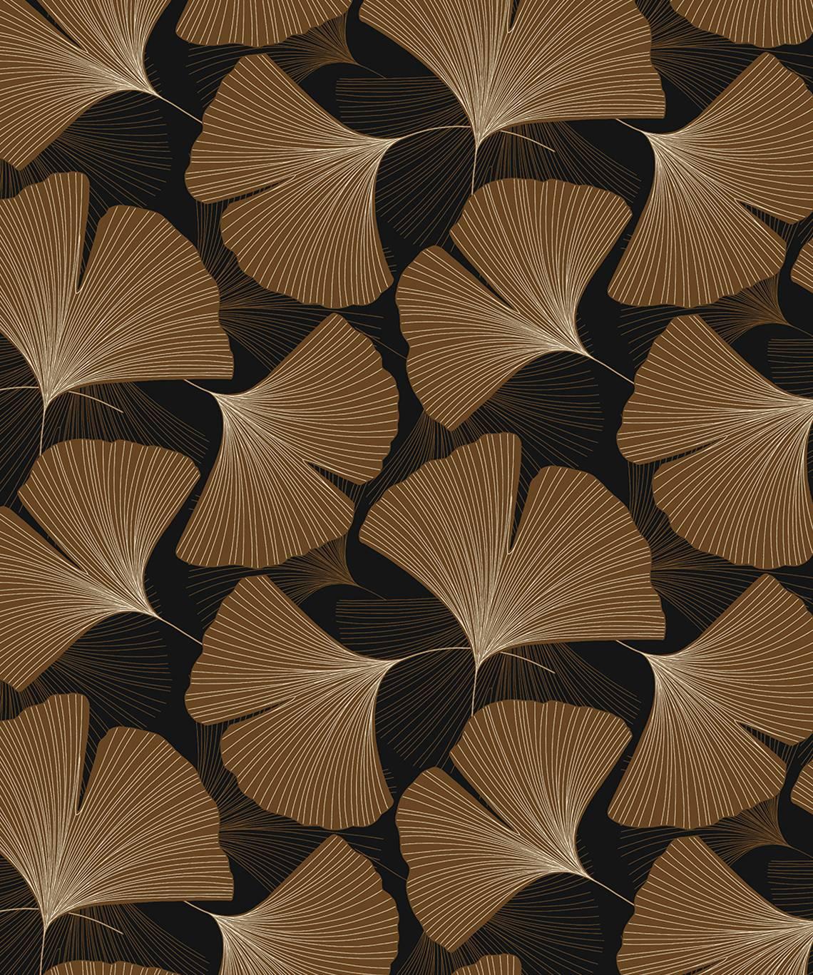 Seabrook Tossed Ginkgo Leaf Ebony & Metallic Copper Wallpaper