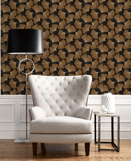 Seabrook Tossed Ginkgo Leaf Black Wallpaper
