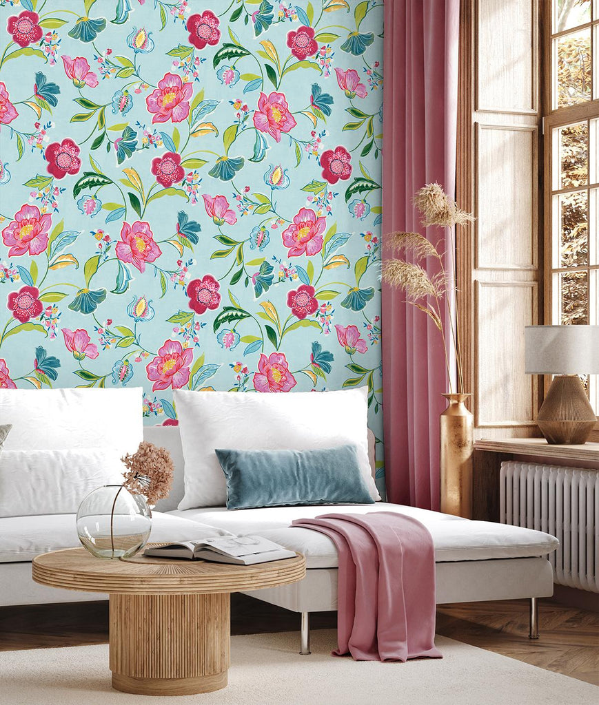 Seabrook Painterly Floral Aqua Wallpaper