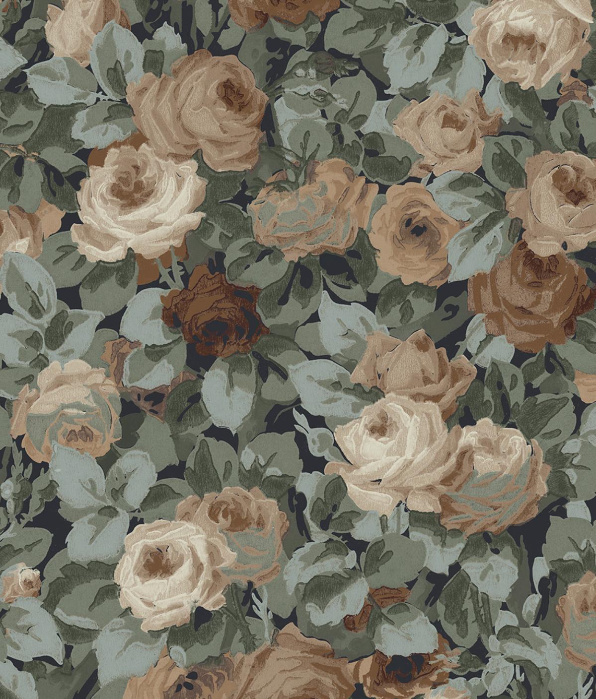 Seabrook Rose Garden Midnight Blue & Cafe Wallpaper