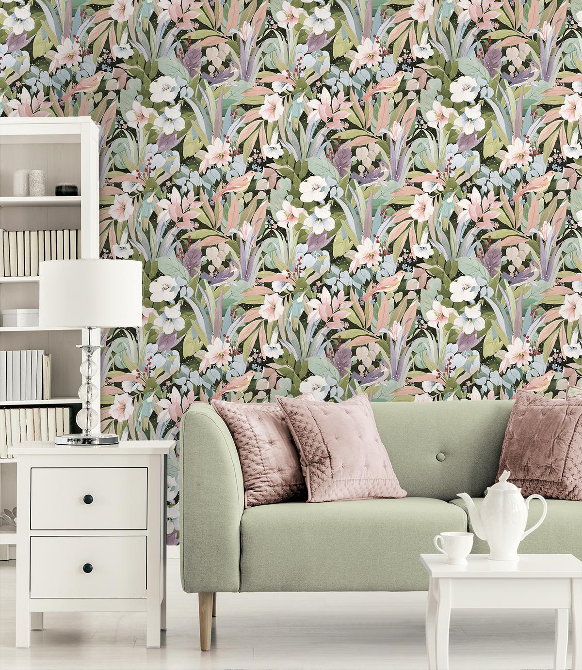 Seabrook Blossoming Birds Green Wallpaper