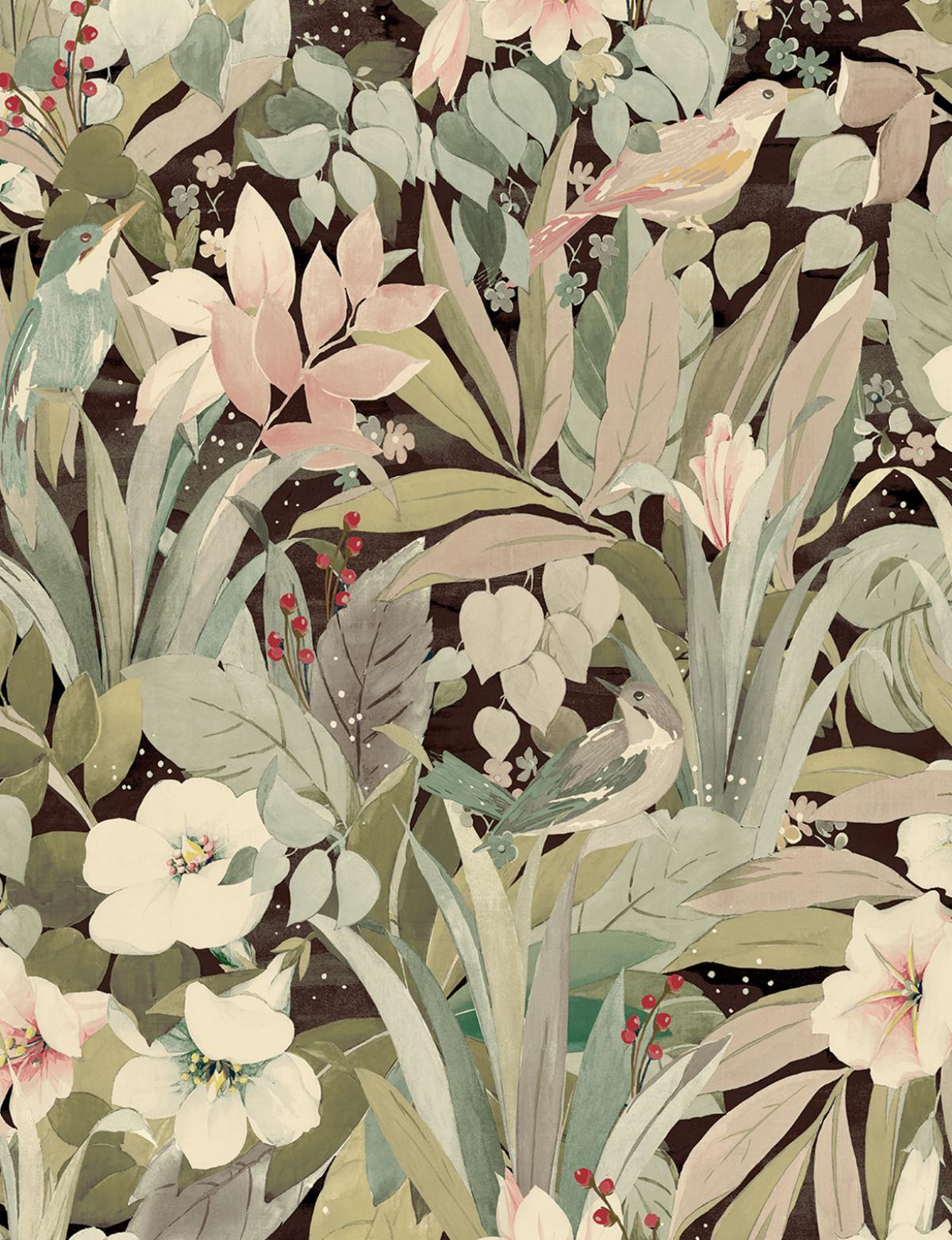 Seabrook Blossoming Birds Sage & Ash Brown Wallpaper