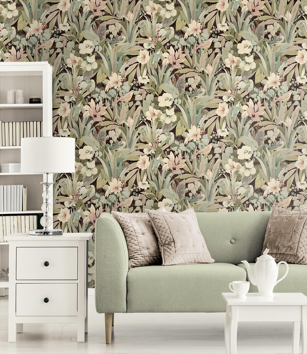 Seabrook Blossoming Birds Brown Wallpaper