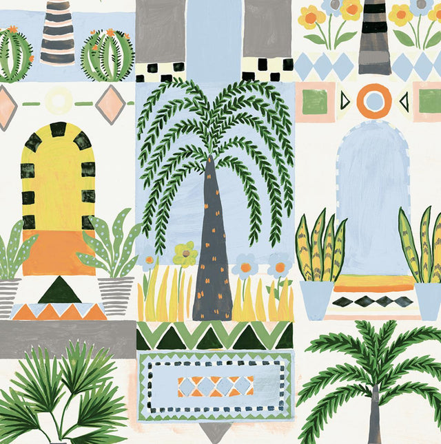 Seabrook Tropical Facade Sky Blue & Off-White Wallpaper