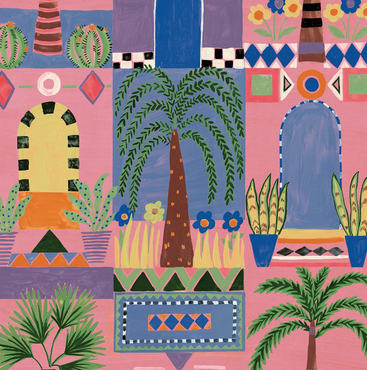 Seabrook Tropical Facade Pink Wallpaper
