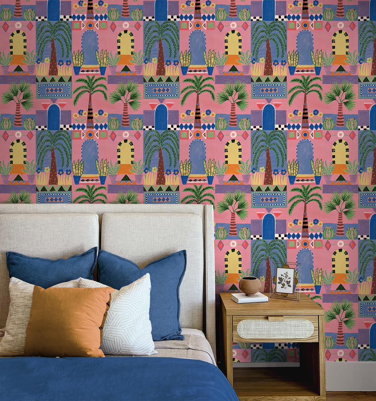Seabrook Tropical Facade Pink Wallpaper