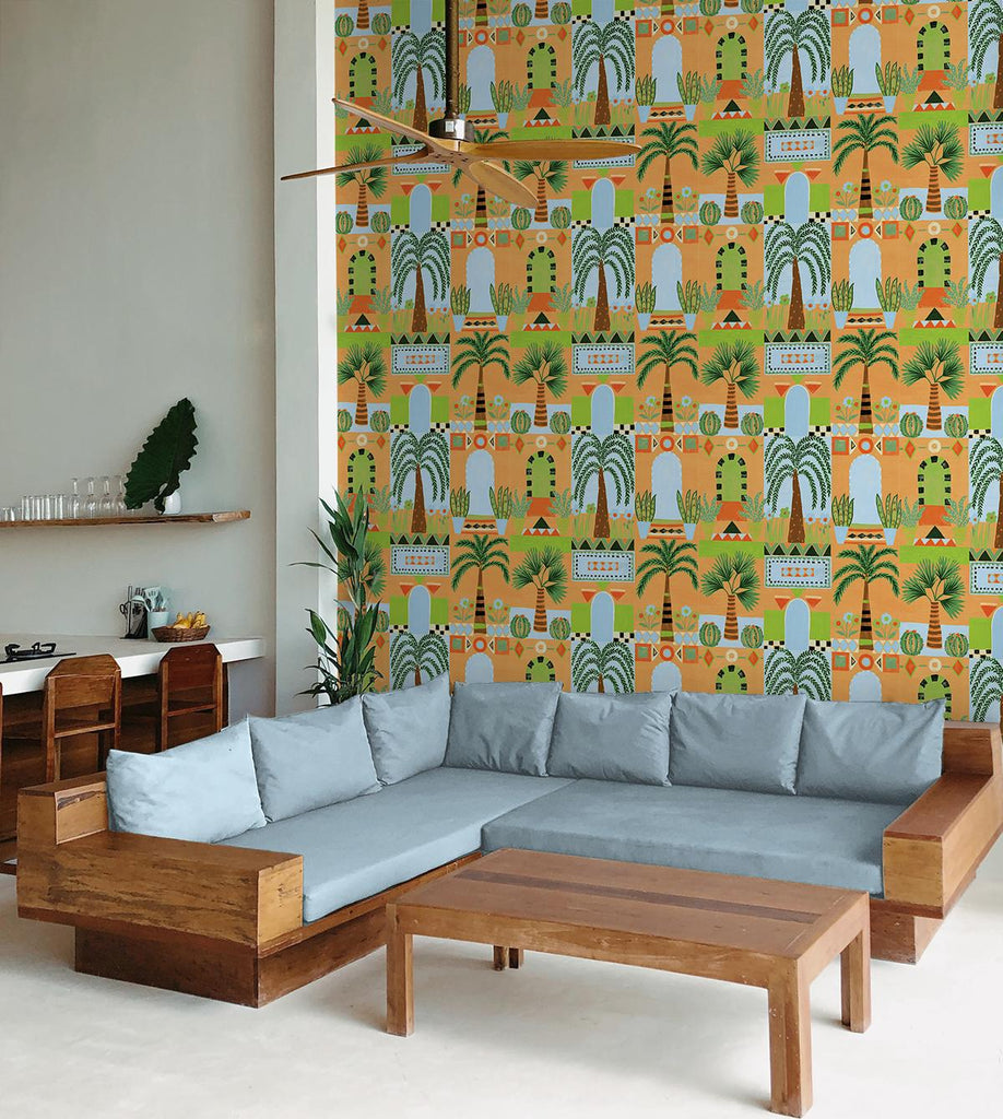 Seabrook Tropical Facade Orange Wallpaper
