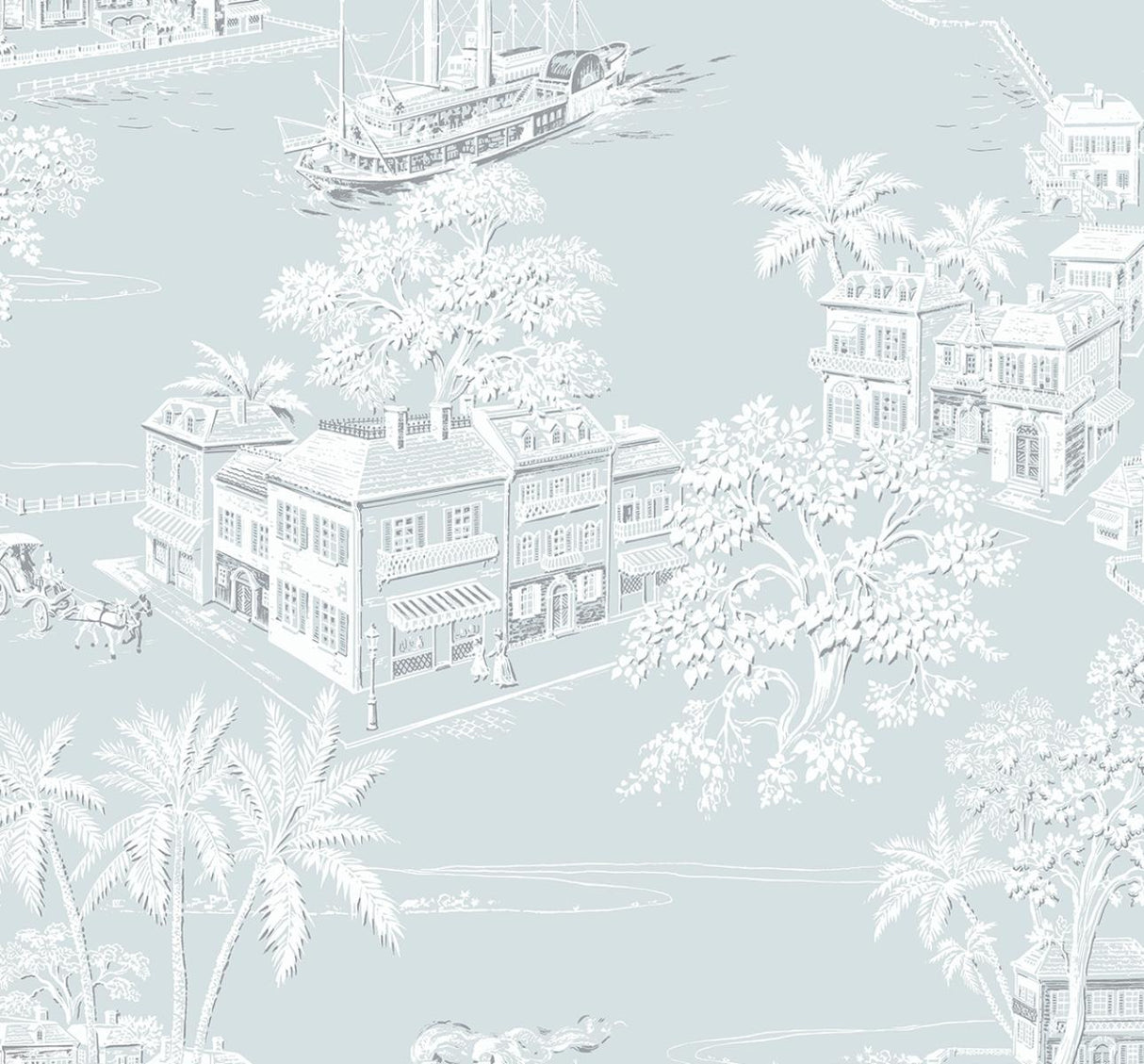 Seabrook Coastline Toile Blue Mist Wallpaper