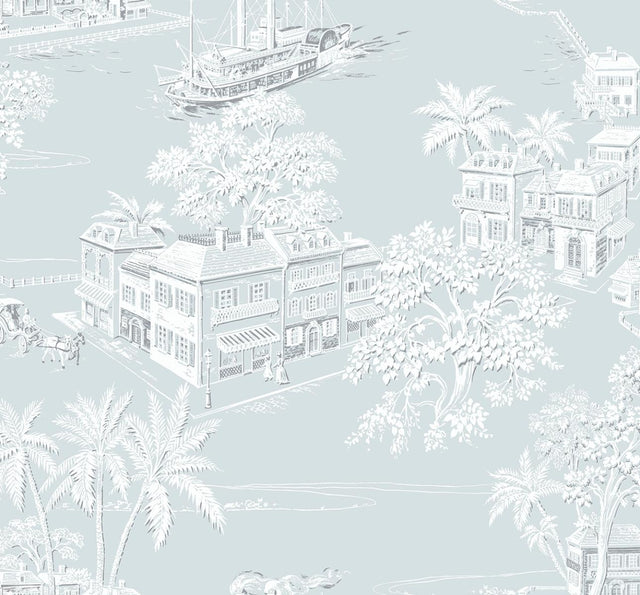 Seabrook Coastline Toile Blue Mist Wallpaper