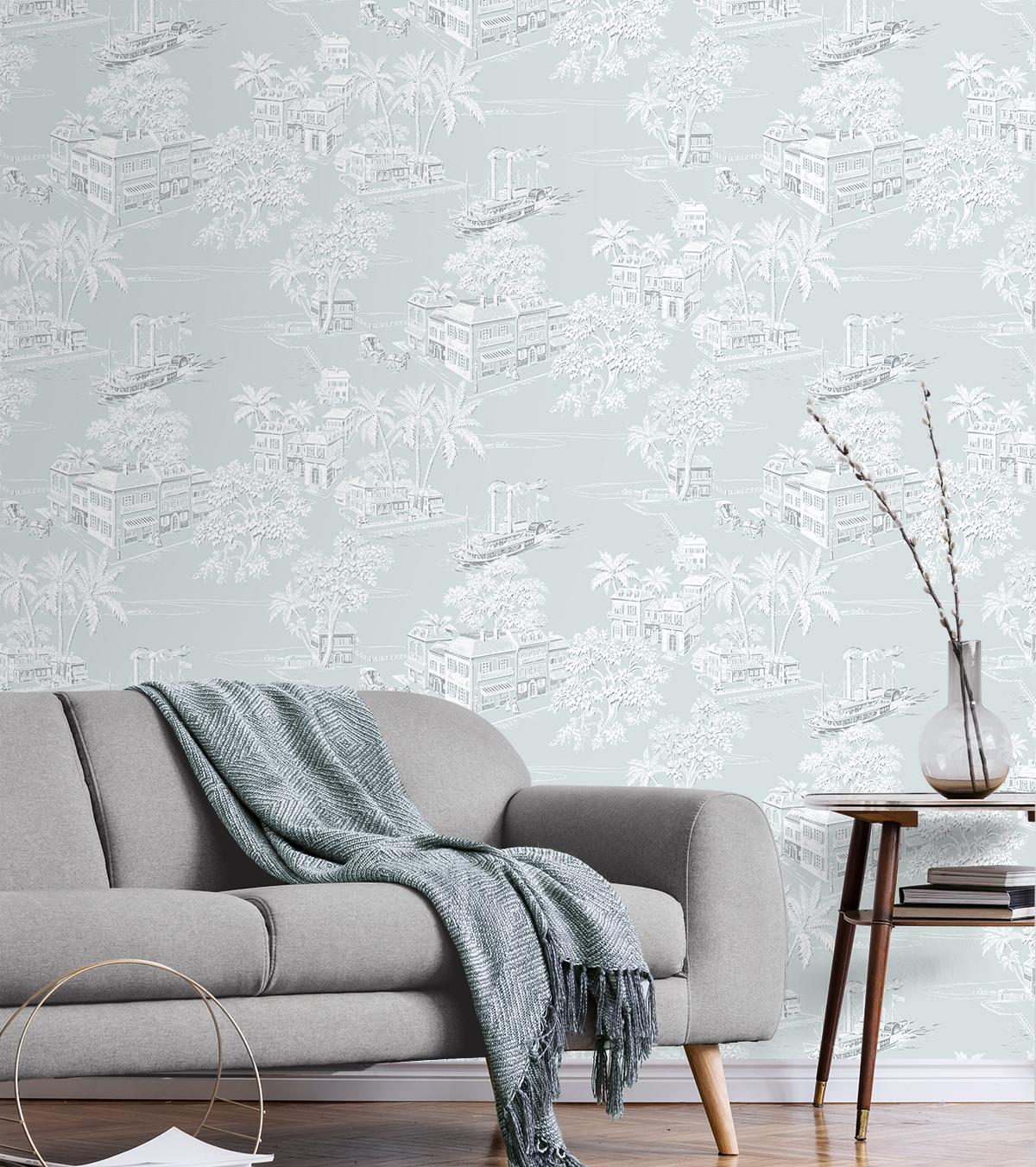 Seabrook Coastline Toile Blue Wallpaper