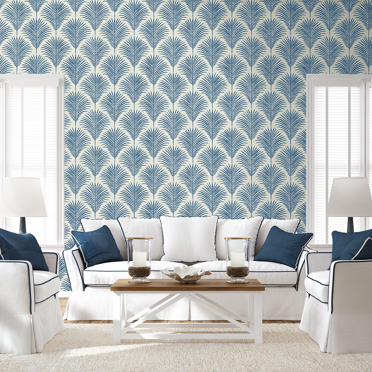 Seabrook Grassland Palm Coastal Blue Wallpaper DecoratorsBest