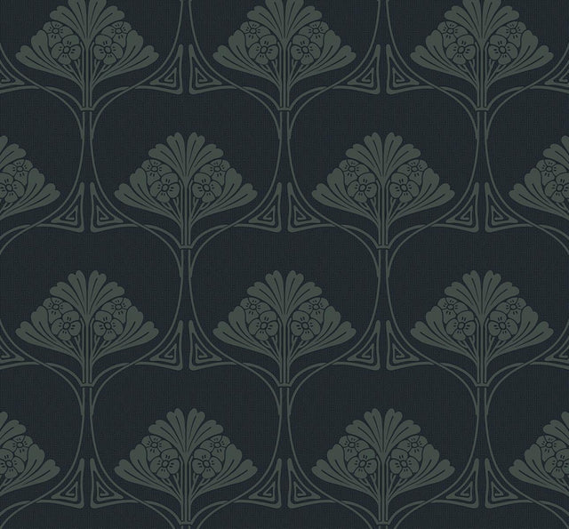 Seabrook Deco Floral Midnight Blue & Juniper Wallpaper
