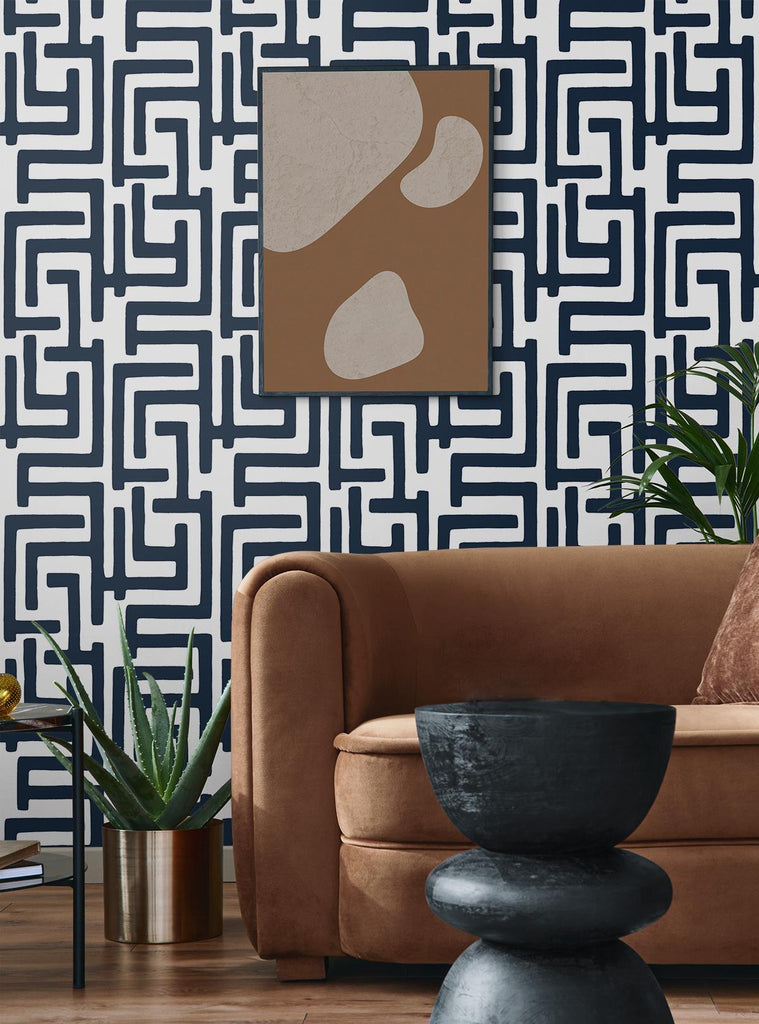 Seabrook Graphic Maze Blue Wallpaper