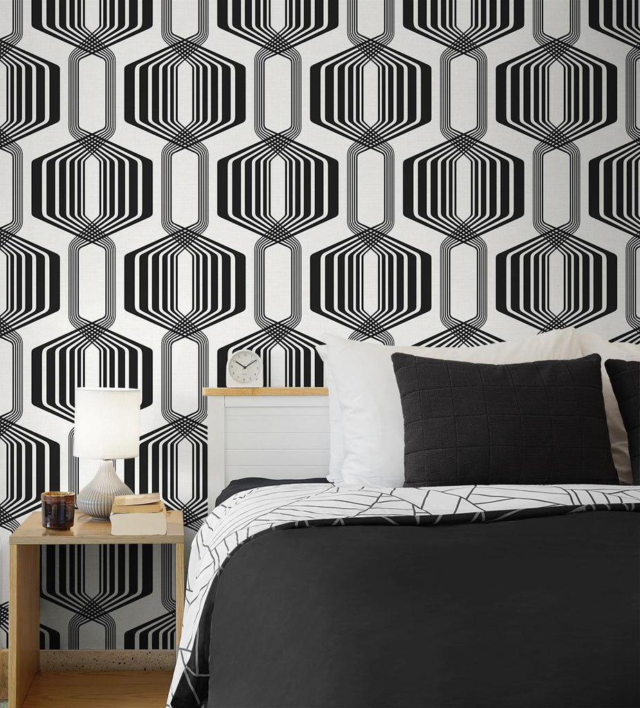 Seabrook Striped Geo Black Wallpaper
