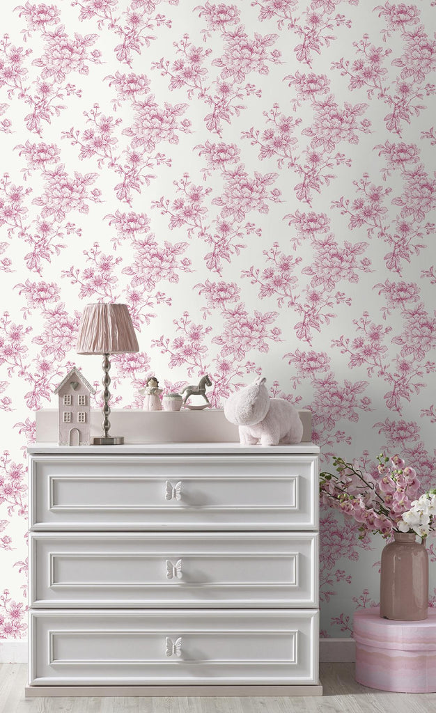 Seabrook Sketched Floral Pink Wallpaper