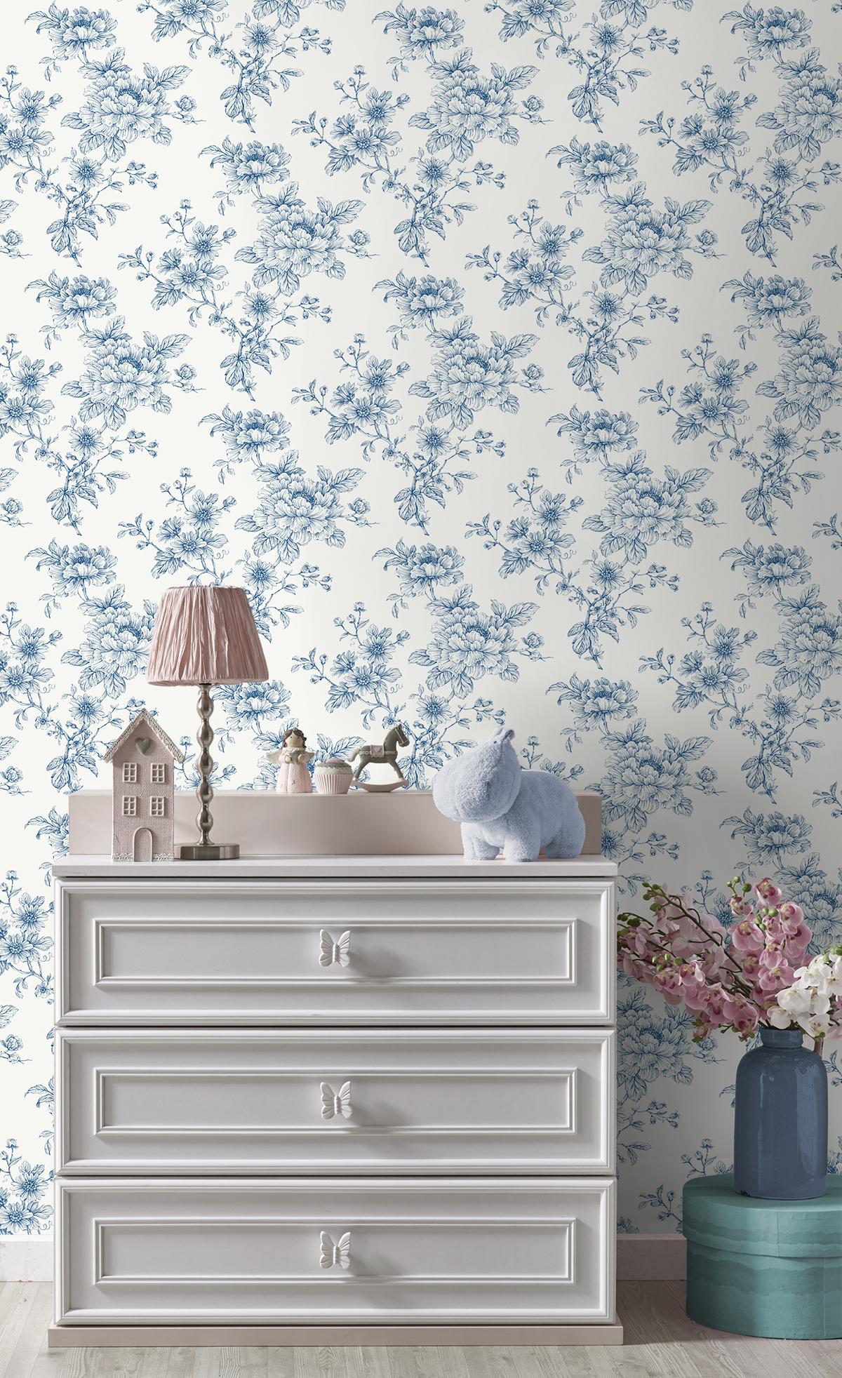 Seabrook Sketched Floral Blue Wallpaper