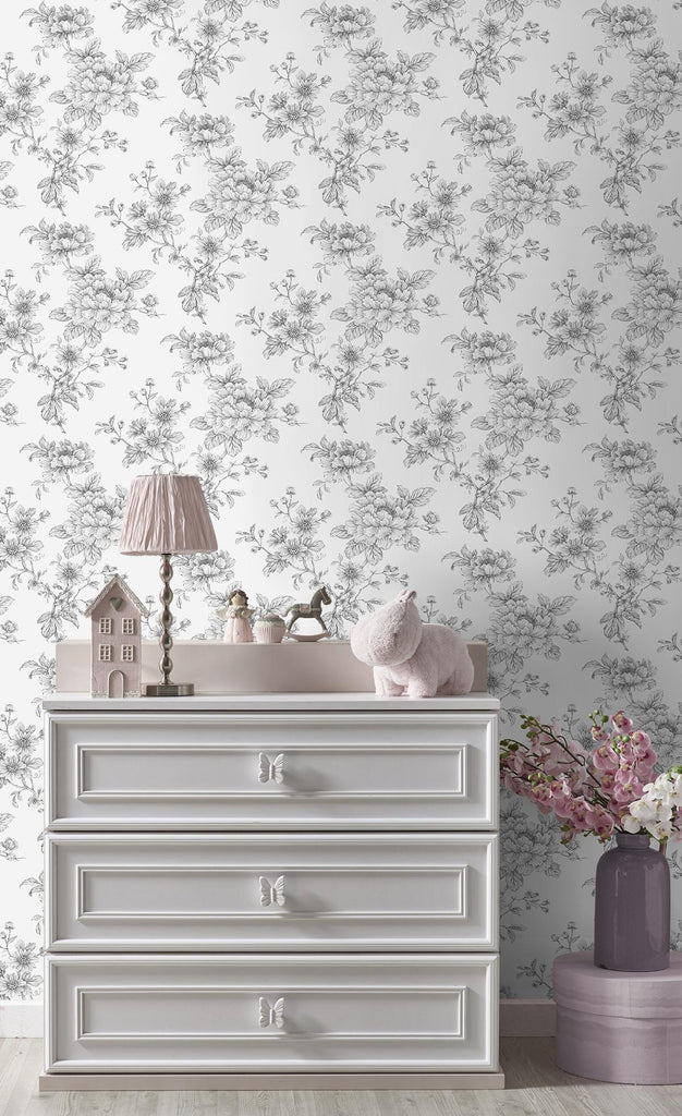 Seabrook Sketched Floral Grey Wallpaper