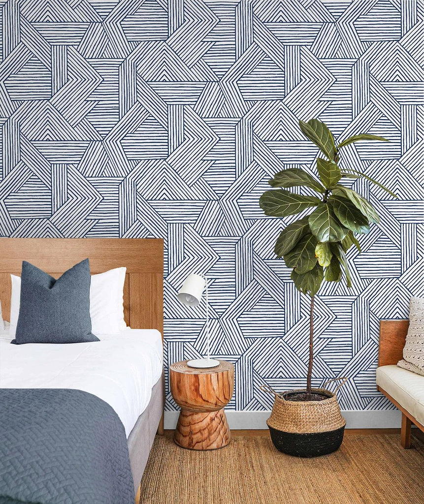 Seabrook Etched Geometric Blue Wallpaper