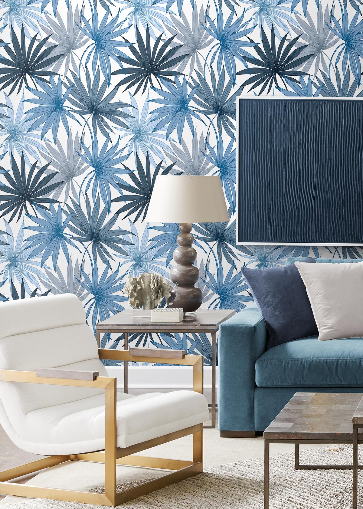 Seabrook Tropic Palm Toss Blue Wallpaper